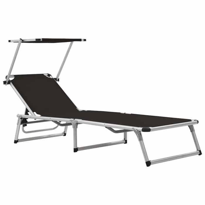 Noir Chaise longue pliable avec toit Aluminium et textilène Noir - Siège de balcon LV66396