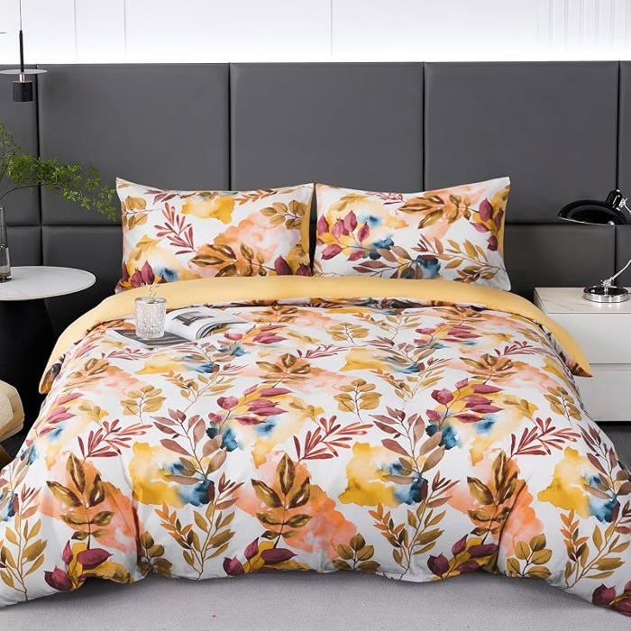Parure de Lit Floral Microfibre 140x200 cm Housse Couette Automne Branches Jaune Moutarde Taie 65x65cm Fermetur PARURE DE COUETTE