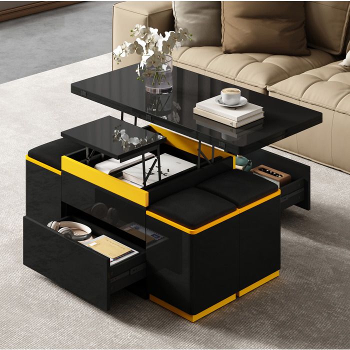 Maisentiel Table basse relevable pliante 100 x 50 x 43 cm MDF et panneaux de particules noir et jaune