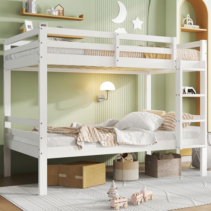 Lit superposé enfant cadre en pin blanc 90x200cm convertible en 2 lits simples avec échelle et protection anti-chute Lit superposé enfant cadre en pin blanc 90x200cm convertible en 2 lits simples avec échelle et protection anti-chute