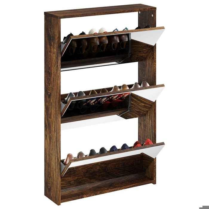 Meuble entree - vidaXL - CHIC - Armoire à chaussures miroir 3 niveaux Chêne fumé 63x17x102 5 cm - 21.6 kg FR949529