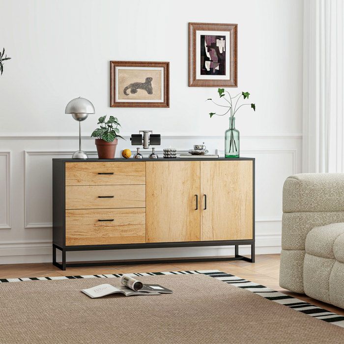 Buffet - 3 tiroirs 140x35x75 cm - étagère réglable - pieds acier thermolaqué - poignées en alliage daluminium