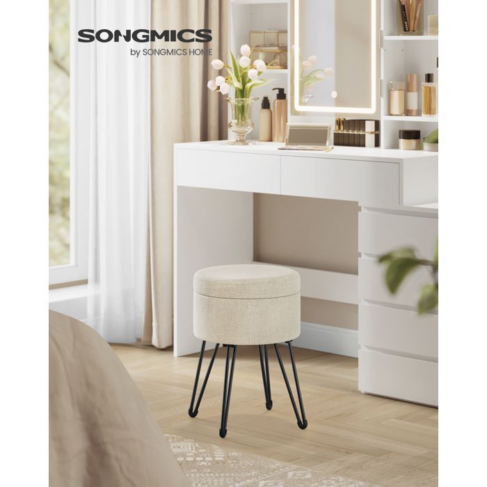 Tabouret de Rangement Rond Assise Rembourrée Confortable Tabouret de Coiffeuse Pieds en Métal Crème Tabouret de Rangement Rond Assise Rembourrée Confortable Tabouret de Coiffeuse Pieds en Métal Crème