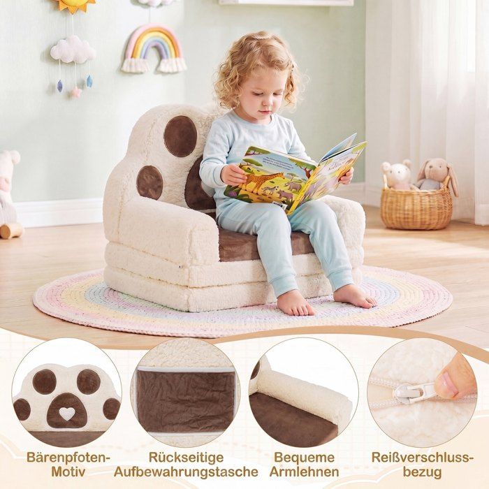 2 en 1 canapé enfant convertible pour lire et jouer housse amovible lavable marron
