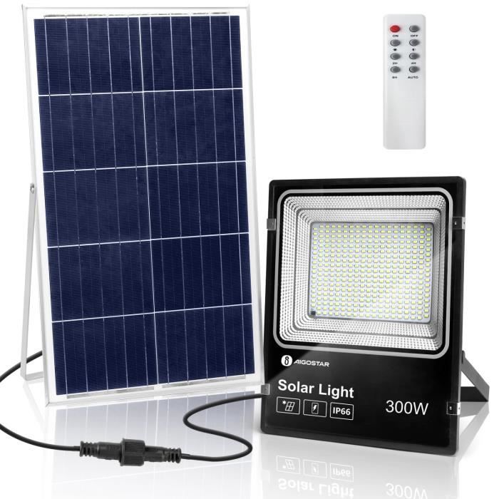 aigostar - projecteur solaire led d’extérieur avec panneau solaire, 300w. ultra-lumineux, 2000lm, 6500k. télécommande, ip66, 30000h.