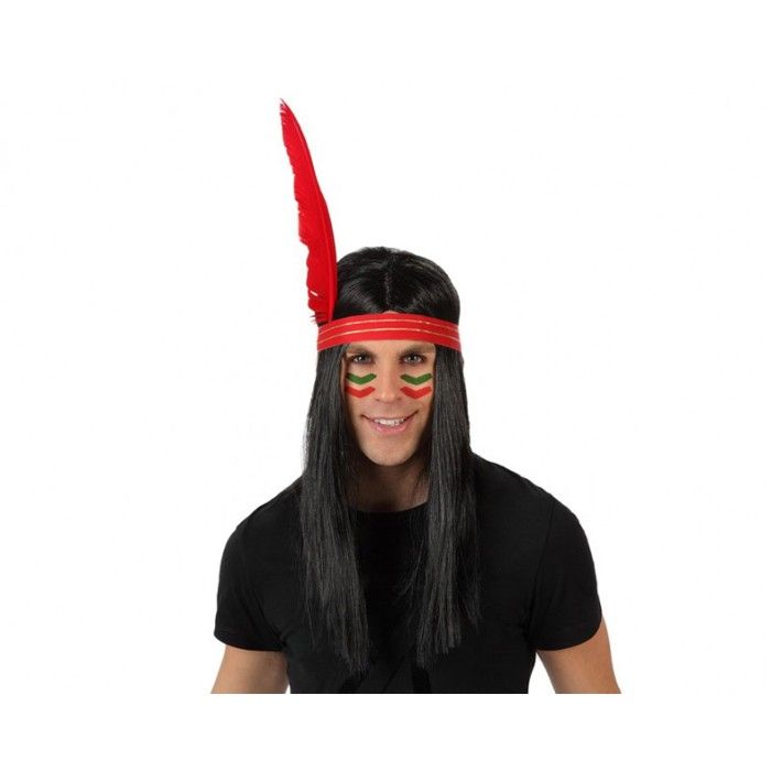 Comparer les prix de Perruque d'Indien Noir - ATOSA - Cheveux longs et raides - Bandeau rouge et or - Plume rouge