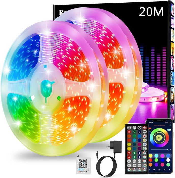 Ruban Led 20m Led Chambre Bande Led Lumineuse Contrôlé par APP Bluetooth ou Télécommande 44 Touches