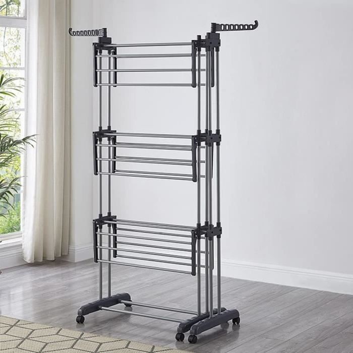 Étendoir à Linge 3 Niveaux Sur Roues - Grande Capacité, Pliable, 170 X 64 X 126 Cm (Noir) - 7