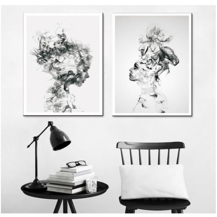 Poster d'art abstrait - Motif moderne noir et blanc Poster - Esquisse  Peinture d'art Décoration salon chambre - Sans cadre 2x40x60cm