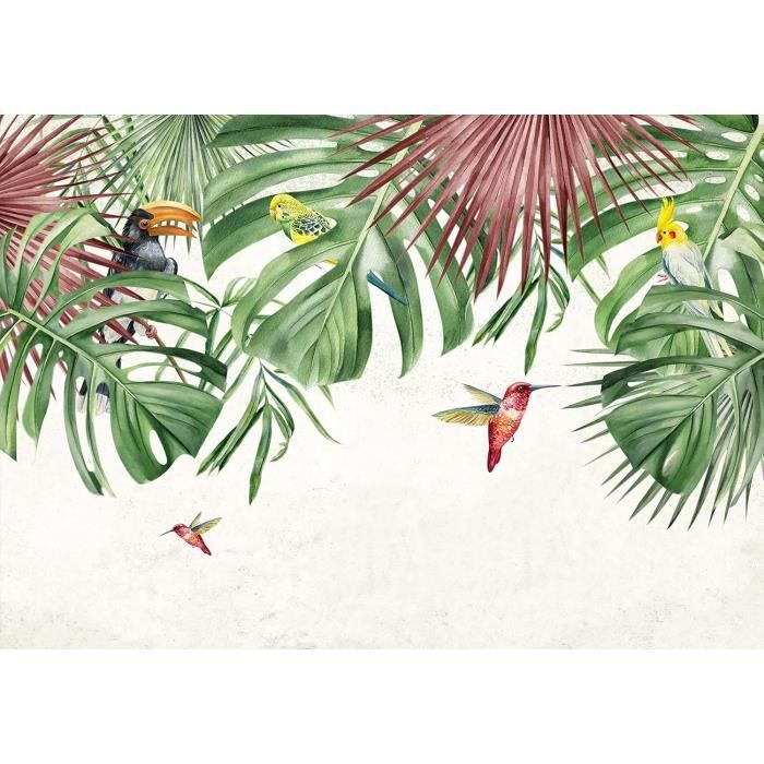 Papier Peint Intissé Jungle Feuilles Oiseaux 400X280 Cm - Panoramique ...