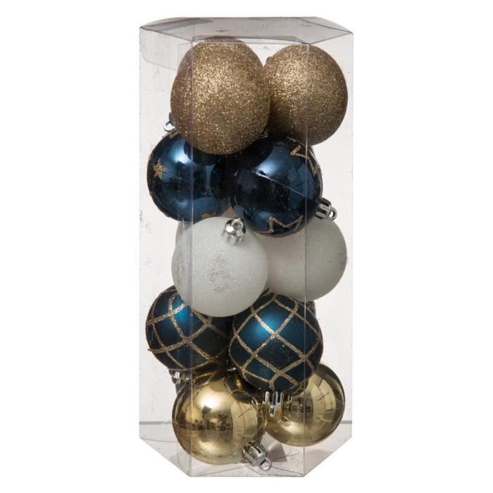 Lot De 15 Boules De Noël 694504h ø 50 Mm Blanc Bleu Et Doré