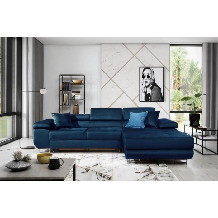 Canapé dangle convertible ARMEL en tissu luxe 5 places couleur bleu foncé avec coffre angle droit (vu de face)