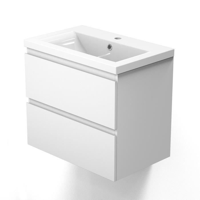 Meuble sous Vasque，Meuble Lave-Mains à Suspendre avec lavabo céramique Placard de Salle de Bain Blanc avec 2 tiroirs 60cm