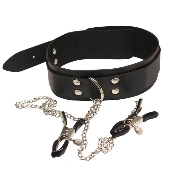 Standard version-a)Collier ras du cou en cuir avec pince à mamelon en