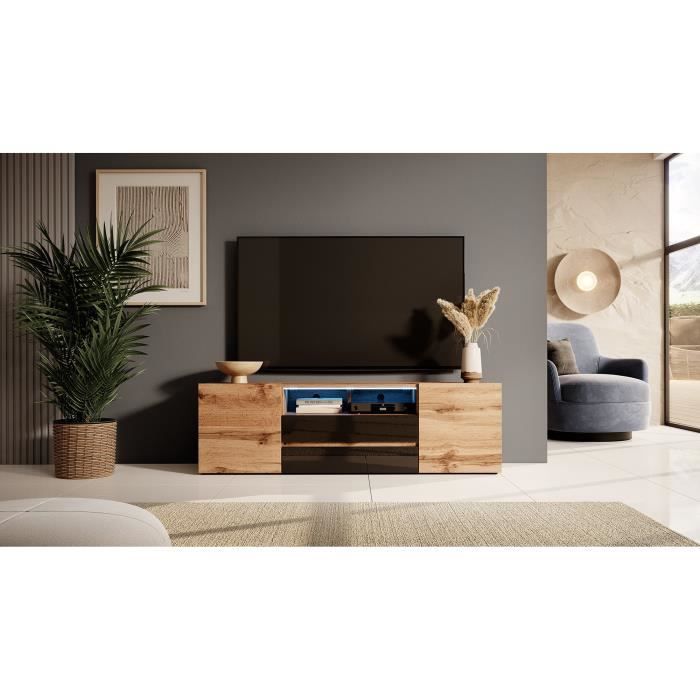 Meuble TV / Banc TV (chêne lancaster / noir brillant, 140 cm, sans LED) -  BIANKO
