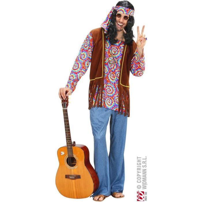 Déguisement hippie homme - Marque - Modèle - T-shirt à motifs  psychédéliques - Gilet à franges - Pantalon bleu
