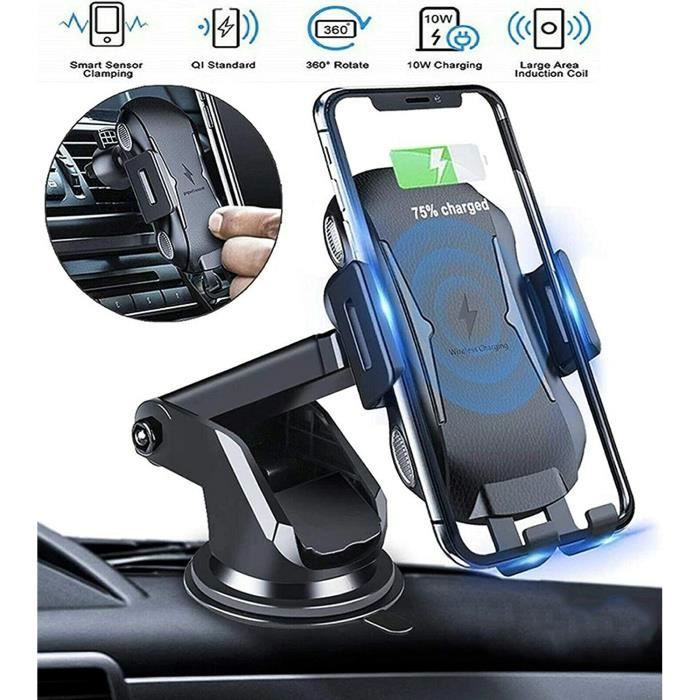 Support Téléphone Voiture Chargeur Sans Fil 15W - Rotation 360°, Fixation Tableau De Bord Ou Aération, Anti-vibration