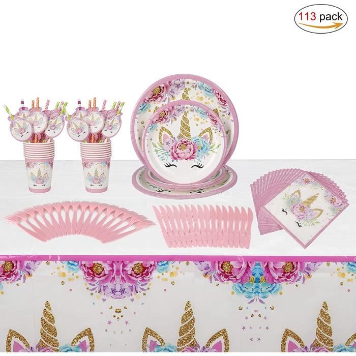 Vaisselle Fête Licorne 65 Pièces - Ensemble Anniversaire Pour 16 Invités, Assiettes Gobelets Serviettes