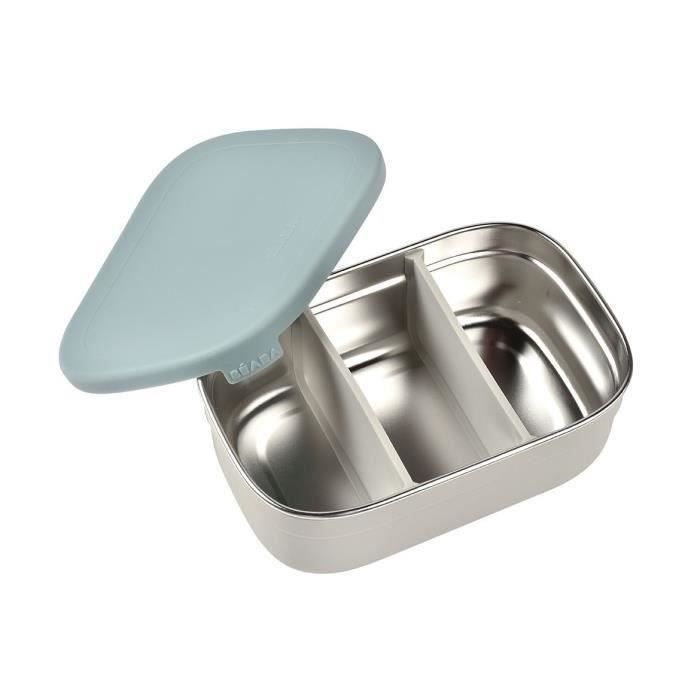 BEABA, Boîte repas enfant en inox, couvercle en silicone et housse de protection, Gris velours et bl