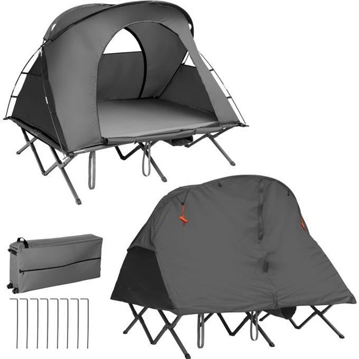COSTWAY Tente Camping Surélevée pour 2 Personnes Matelas Auto-gonflant Sac Transport à Roulettes Double Toit Crochet de Lampe Gris