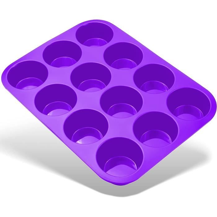 Moule à Muffins pour 12 Moules en Silicone, Anti-adhésif Moule à gateaux pour Muffins, Cupcakes, Gâteaux, Brownies,puddings, Violet