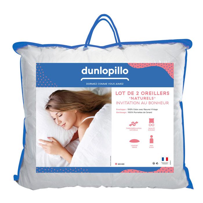 DUNLOPILLO - Lot de 2 oreillers Invitation au Bonheur - 100% plumettes - 60 x 60 cm