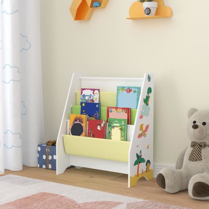 Bibliothèque Fisterra pour enfant avec 4 compartiments ouverts blanc vert jaune