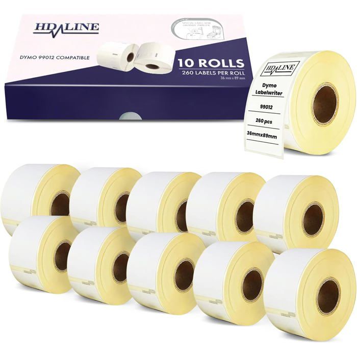 10 Rouleaux Étiquettes Compatibles Dymo 99012 / S0722400 – 36x89 Mm, 260 Étiquettes/Rouleau, Pour LabelWriter 4XL & Autres