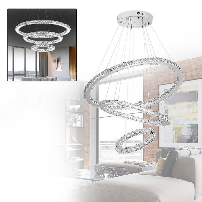 Lustre de cristal LED - HENGMEI - 96W - Longueur réglable - Inox & cristal - Blanc froid