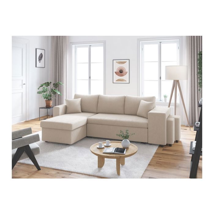 Canapé dangle réversible convertible OSLO avec coffre 2 poufs à droite en velours côtelé beige - L241 x P146 x H81cm - LOUNGITUDE