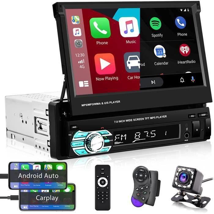 Autoradio Bluetooth 1 Din Autoradio Carplay 7 Pouces Poste Radio Voiture Main Libre Car Audio ecran Tactile Retractable BT-USB