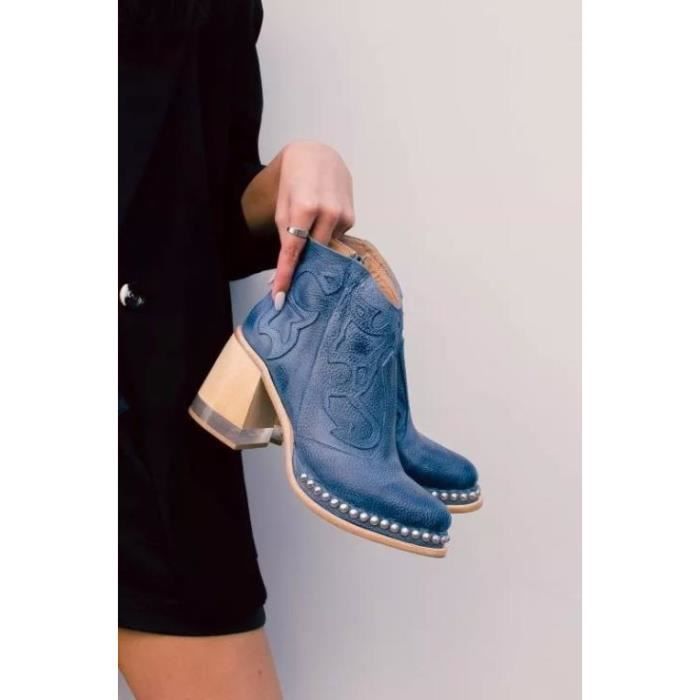 Bottines Brogues Texanes Pour Femme – Talon Carré épais, Mi-mollet, Antidérapantes – Couleur Unie - 10