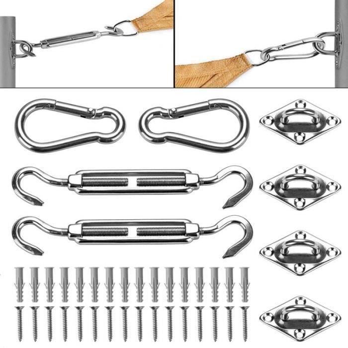 Kit De Fixation Voile D'Ombrage 44 Pièces – Acier Inox 304 – Mousquetons, Tendeurs, Vis – Installation Solide Et Antirouille !