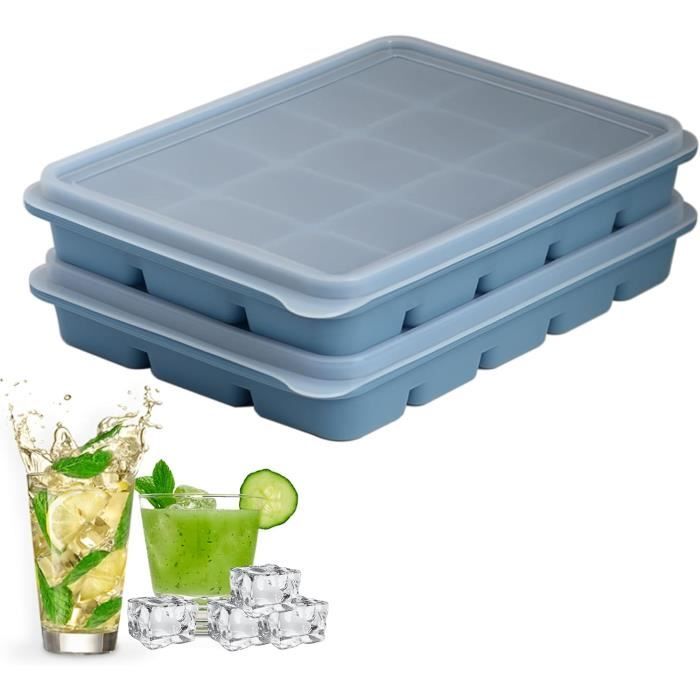 Bac à Glaçons Poussoir 64 Glaçons Avec Couvercle - Sans BPA, Facile à Démouler, Jaune, 2 Niveaux