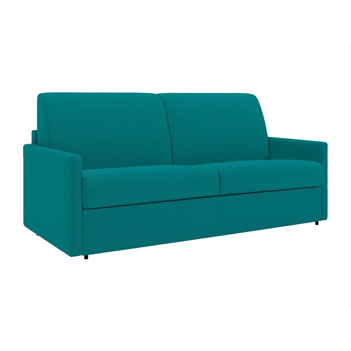 Canapé 3 places convertible express en tissu bleu turquoise - Couchage à lattes larges 140 cm - Matelas 14 cm CALIFE