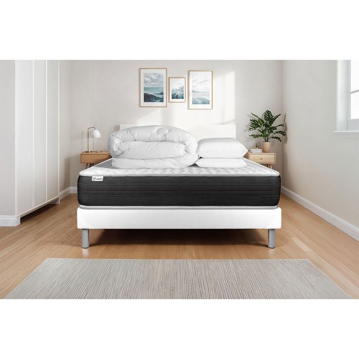 Pack lit complet 140x190 cm - Matelas + Sommier Blanc (en kit) + 2 oreillers + Couette - Vitalspring Blanc Pack lit complet 140x190 cm - Matelas + Sommier Blanc (en kit) + 2 oreillers + Couette - Vitalspring Blanc