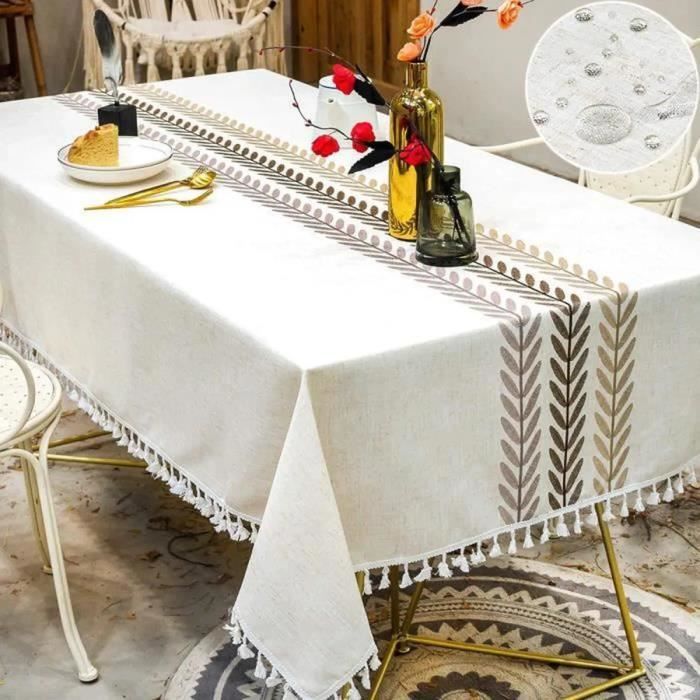 Nappe Rectangulaire 140x240 Cm – Coton Et Lin – Anti-Tache Avec Franges – Déco Élégante Pour Salle à Manger