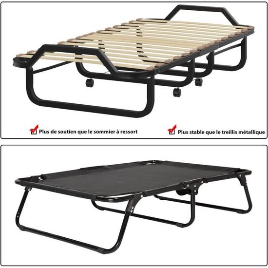 Lit Pliable Adulte 200kg Lit Pliant 90x200cm Avec Matelas 13cm - Lit D'appoint Pliable Avec Roulettes, Charge 200kg, Idéal Guest Ou Studio Lit Guest Pliant Métal