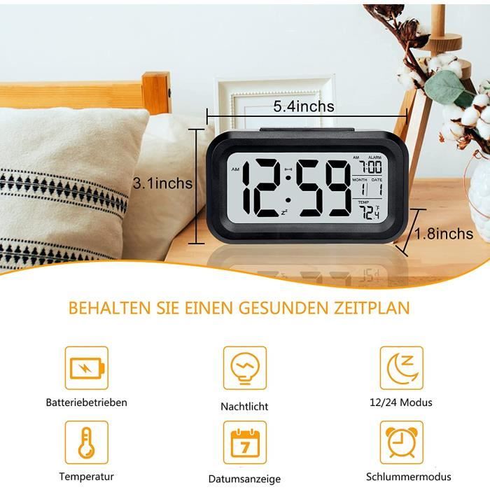 Réveil Numérique, Horloge de Chevet 12/24h avec Écran LCD Rétroéclairé, Horloge avec Calendrier de Date et Température pour Chambre Bureau Maison Voyage