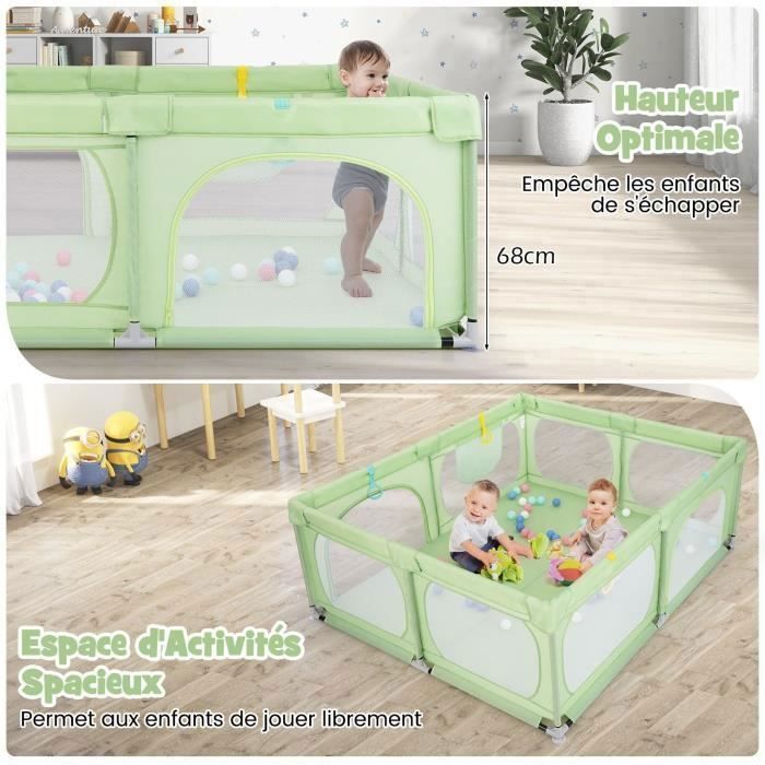 Grand Parc Bébé Centre Activités Base Antidérapante Paroi En Maille Respirante Portes Zipp Es 50 Balles Oc Aniques Vert