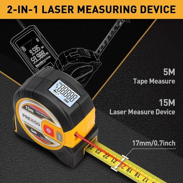 PREXISO Télémètre Laser 2 en 1, Mètre Ruban Laser Rechargeable avec Laser  de 40M et Ruban de 5M, Outil de Mesure Laser avec Crochet Magnétique  Mobile