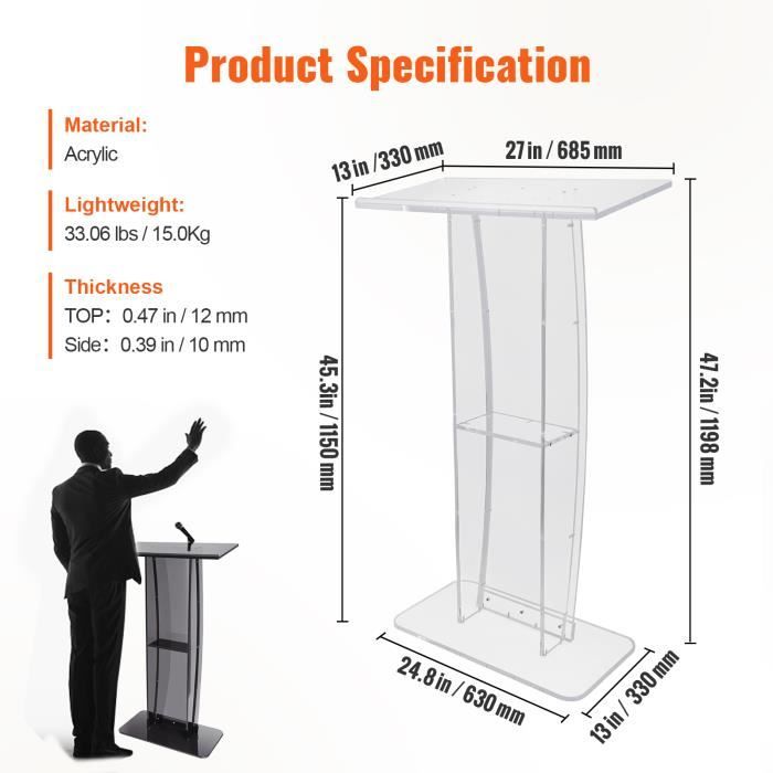 Pupitre De Conférence Mobile Pliable Hauteur Réglable 103-124 Cm - Métal Avec Roues