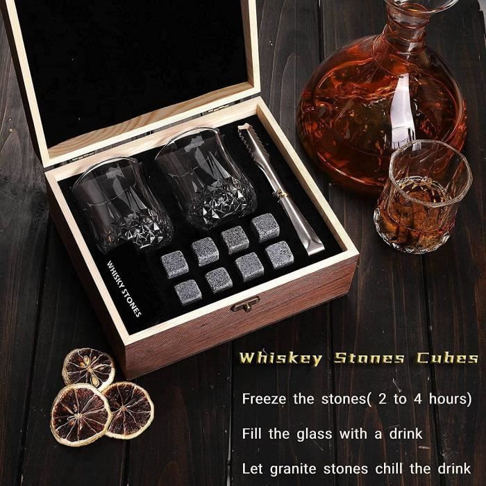 Ghazpmuk Coffret Whisky Cadeau Homme Luxe - 4 Pierres à Whisky Granit + Verre Décoré + Pinces, Sac Velours, Sous-Verre - Idéal Papa, Mari, Anniversaire