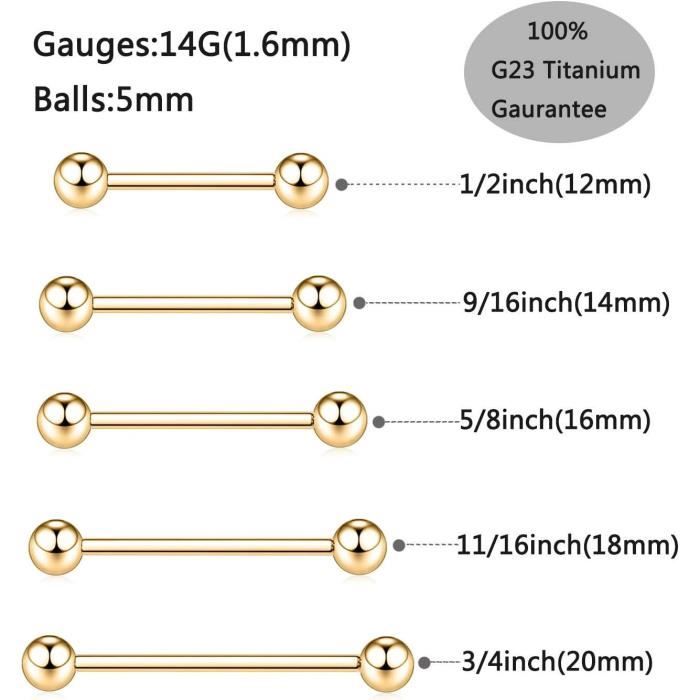 Paire Piercings Téton Langue Titane G23 - 12g 14g 16g, Boules 5mm, Doré, Hypoallergénique