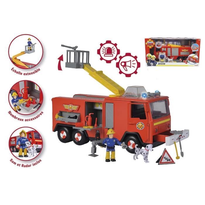 Sam Le Pompier - Camion Jupiter Série 13 Avec Sons Et Lumières - Figurines Sam & Radar Incluses - Nombreux Accessoires - Rouge