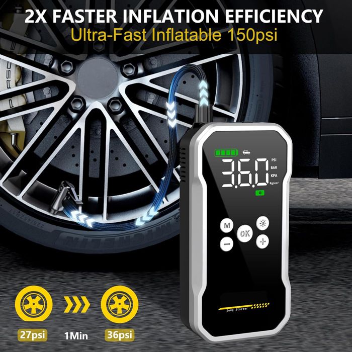 Booster Batterie Voiture 6000A Avec Compresseur 150 PSI - Démarreur Jusqu'à 10L, Powerbank, Lumière LED - Pour Voiture, SUV, Camping-car