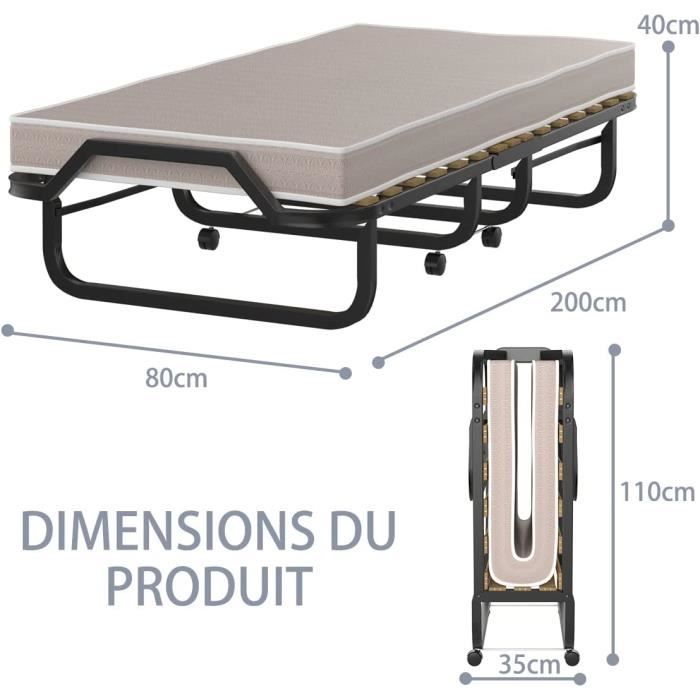 Lit D'appoint Pliable 80x190 Cm Avec Matelas Mousse Et Roulettes – Neuf