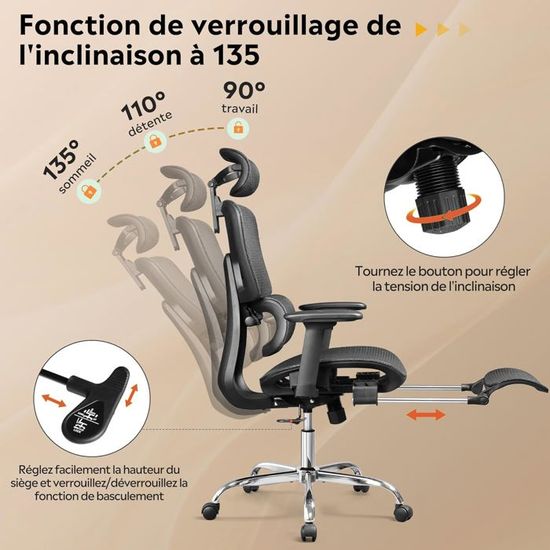 Chaise De Bureau Ergonomique Dossier Haut En Maille – Soutien Lombaire Réglable – Accoudoirs Rabattables