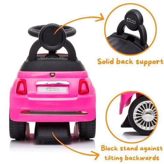 Voiture à Pousser Enfant FIAT 500 Rose - Porteur 18 Mois+ Avec Ceinture, Porte Ouvrante Et Poignée Télescopique