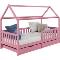 Lit cabane NUNA lit enfant simple montessori en bois 90 x 200 cm, avec rangement 2 tiroirs, en pin massif lasuré rose